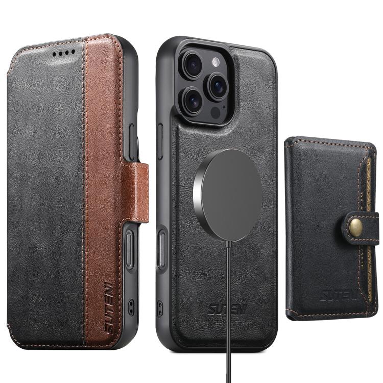 For iPhone 16 Pro Max Suteni Q07S1 3-in-1 Detachable Wallet MagSafe Splicing Leather Phone Case(Black) - iPhone 16 Pro Max Cases by Suteni | Online Shopping UK | buy2fix