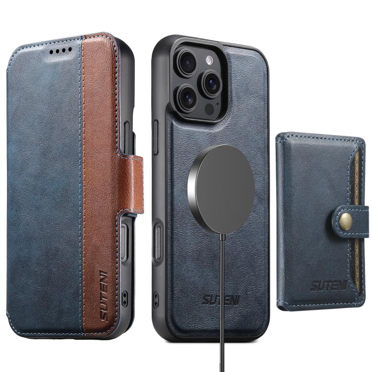 For iPhone 16 Pro Suteni Q07S1 3-in-1 Detachable Wallet MagSafe Splicing Leather Phone Case(Blue) - iPhone 16 Pro Cases by Suteni | Online Shopping UK | buy2fix