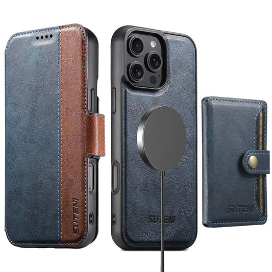 For iPhone 16 Pro Suteni Q07S1 3-in-1 Detachable Wallet MagSafe Splicing Leather Phone Case(Blue) - iPhone 16 Pro Cases by Suteni | Online Shopping UK | buy2fix