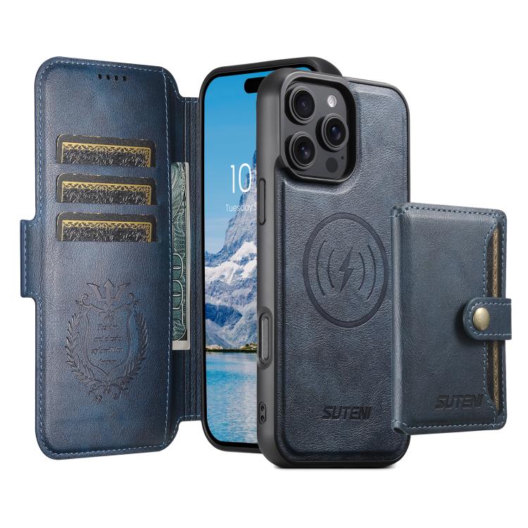 For iPhone 16 Pro Suteni Q07S1 3-in-1 Detachable Wallet MagSafe Splicing Leather Phone Case(Blue) - iPhone 16 Pro Cases by Suteni | Online Shopping UK | buy2fix