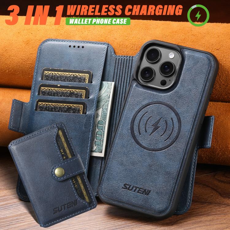 For iPhone 16 Pro Suteni Q07S1 3-in-1 Detachable Wallet MagSafe Splicing Leather Phone Case(Blue) - iPhone 16 Pro Cases by Suteni | Online Shopping UK | buy2fix