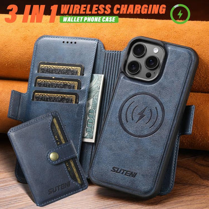 For iPhone 16 Pro Suteni Q07S1 3-in-1 Detachable Wallet MagSafe Splicing Leather Phone Case(Blue) - iPhone 16 Pro Cases by Suteni | Online Shopping UK | buy2fix