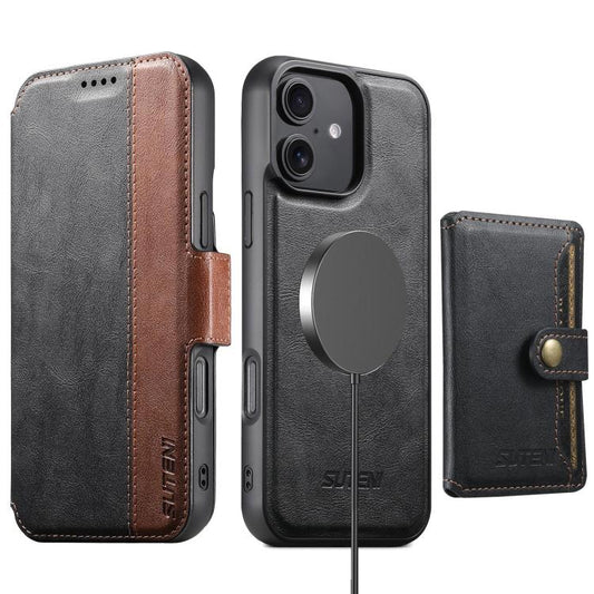 For iPhone 16 Plus Suteni Q07S1 3-in-1 Detachable Wallet MagSafe Splicing Leather Phone Case(Black) - iPhone 16 Plus Cases by Suteni | Online Shopping UK | buy2fix