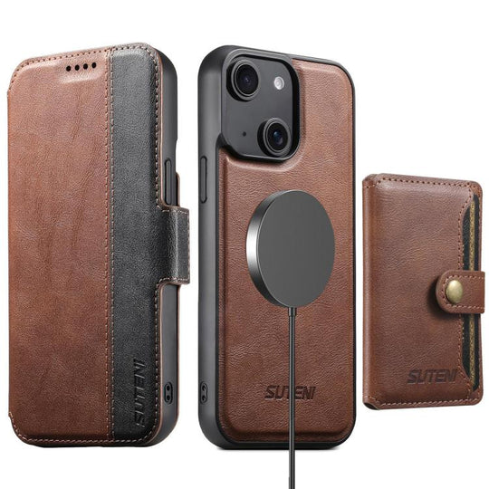 For iPhone 14 Plus Suteni Q07S1 3-in-1 Detachable Wallet MagSafe Splicing Leather Phone Case(Brown)
