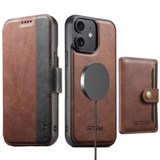 For iPhone 12 Suteni Q07S1 3-in-1 Detachable Wallet MagSafe Splicing Leather Phone Case(Brown)