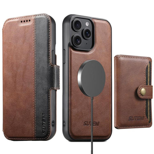 For iPhone 12 Pro Suteni Q07S1 3-in-1 Detachable Wallet MagSafe Splicing Leather Phone Case(Brown)