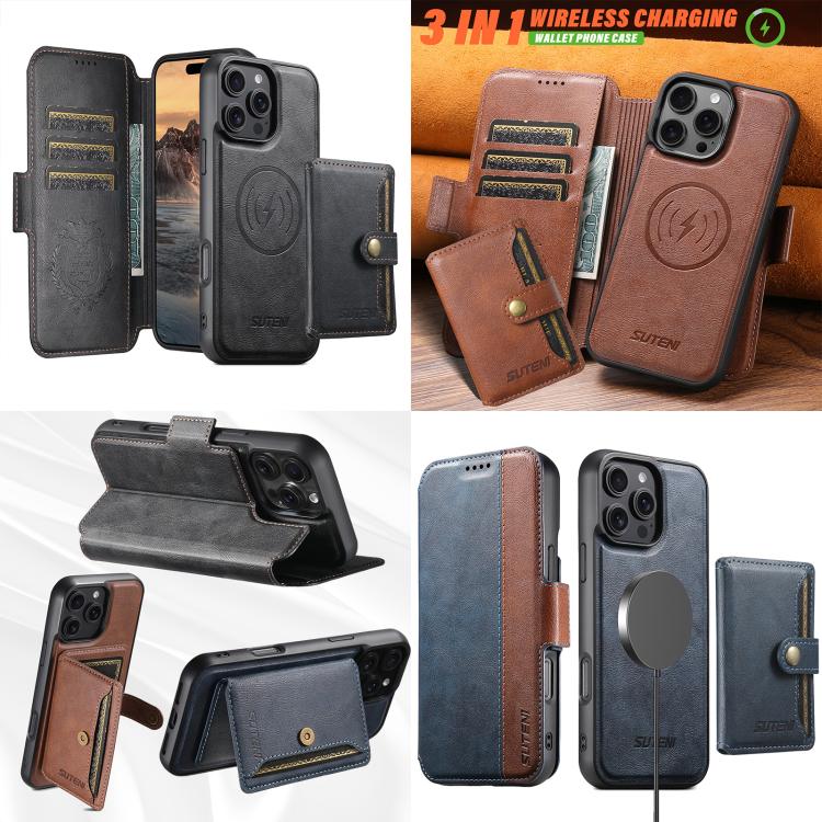 For iPhone 16 Pro Max Suteni Q07S1 3-in-1 Detachable Wallet MagSafe Splicing Leather Phone Case(Black) - iPhone 16 Pro Max Cases by Suteni | Online Shopping UK | buy2fix
