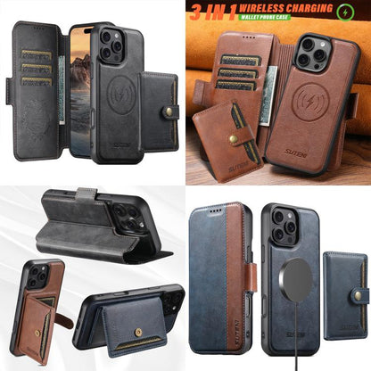 For iPhone 16 Pro Max Suteni Q07S1 3-in-1 Detachable Wallet MagSafe Splicing Leather Phone Case(Black) - iPhone 16 Pro Max Cases by Suteni | Online Shopping UK | buy2fix