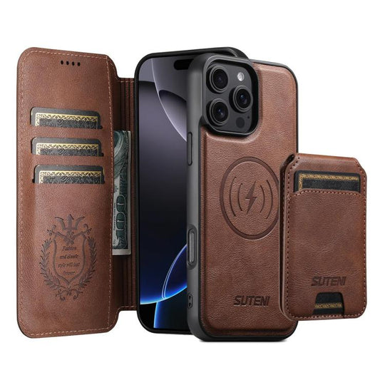 For iPhone 16 Pro Max Suteni Q05S2 3-in-1 Detachable Vertical Flip Wallet MagSafe Leather Phone Case(Brown)