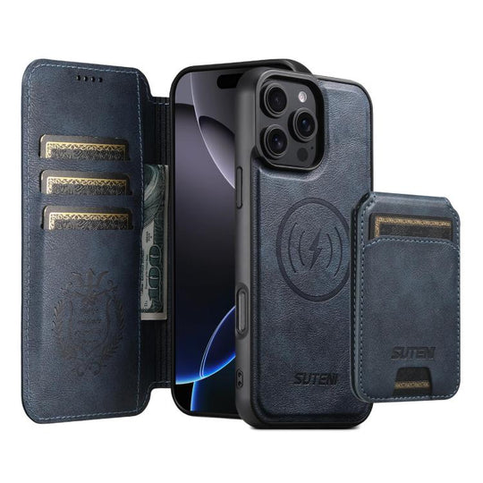 For iPhone 16 Pro Max Suteni Q05S2 3-in-1 Detachable Vertical Flip Wallet MagSafe Leather Phone Case(Blue)
