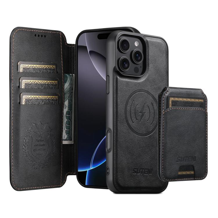 For iPhone 16 Pro Suteni Q05S2 3-in-1 Detachable Vertical Flip Wallet MagSafe Leather Phone Case(Black) - iPhone 16 Pro Cases by Suteni | Online Shopping UK | buy2fix