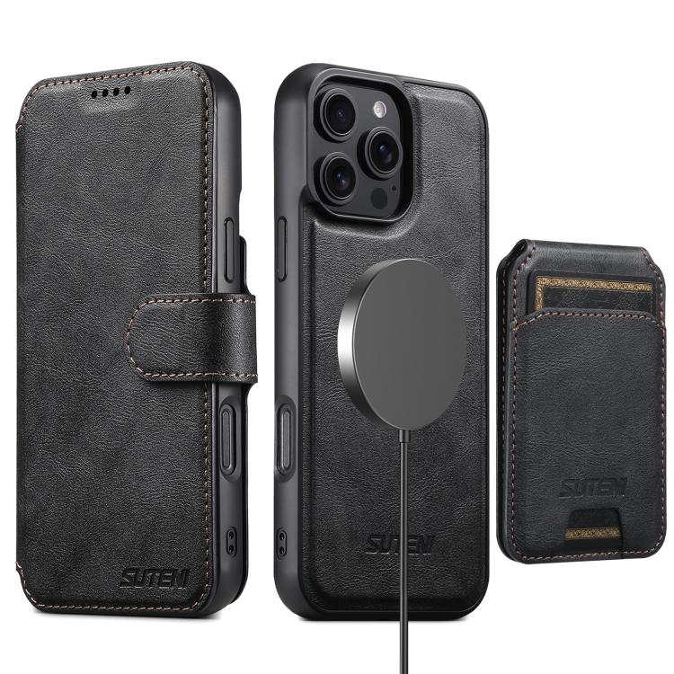 For iPhone 16 Pro Suteni Q05S2 3-in-1 Detachable Vertical Flip Wallet MagSafe Leather Phone Case(Black) - iPhone 16 Pro Cases by Suteni | Online Shopping UK | buy2fix