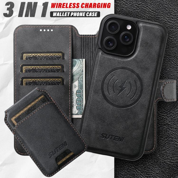 For iPhone 16 Pro Suteni Q05S2 3-in-1 Detachable Vertical Flip Wallet MagSafe Leather Phone Case(Black) - iPhone 16 Pro Cases by Suteni | Online Shopping UK | buy2fix