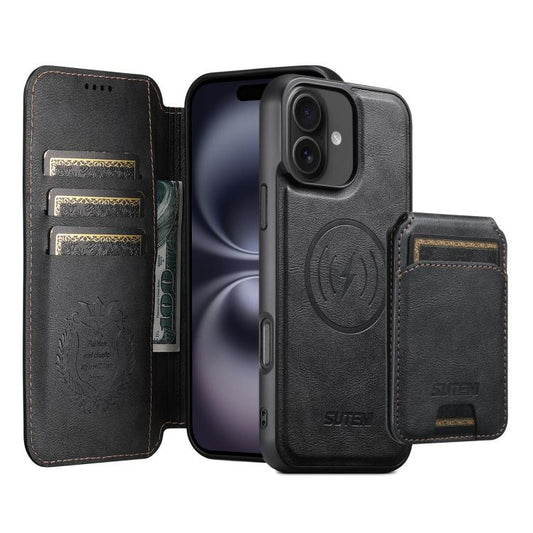 For iPhone 16 Suteni Q05S2 3-in-1 Detachable Vertical Flip Wallet MagSafe Leather Phone Case(Black) - iPhone 16 Cases by Suteni | Online Shopping UK | buy2fix