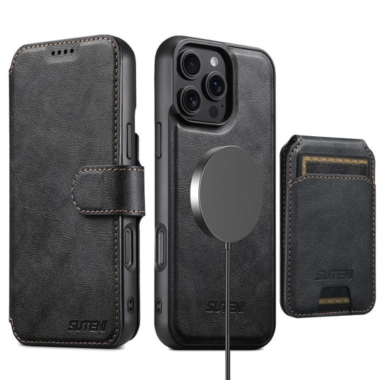 For iPhone 16 Suteni Q05S2 3-in-1 Detachable Vertical Flip Wallet MagSafe Leather Phone Case(Black) - iPhone 16 Cases by Suteni | Online Shopping UK | buy2fix