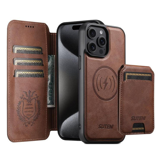 For iPhone 15 Pro Max Suteni Q05S2 3-in-1 Detachable Vertical Flip Wallet MagSafe Leather Phone Case(Brown)