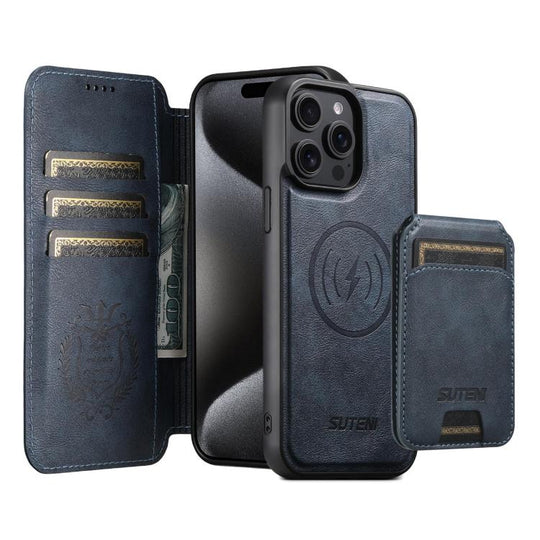For iPhone 15 Pro Max Suteni Q05S2 3-in-1 Detachable Vertical Flip Wallet MagSafe Leather Phone Case(Blue)