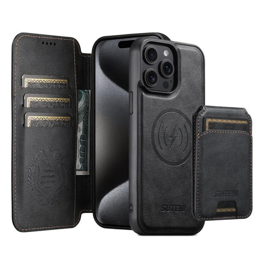 For iPhone 15 Pro Suteni Q05S2 3-in-1 Detachable Vertical Flip Wallet MagSafe Leather Phone Case(Black)