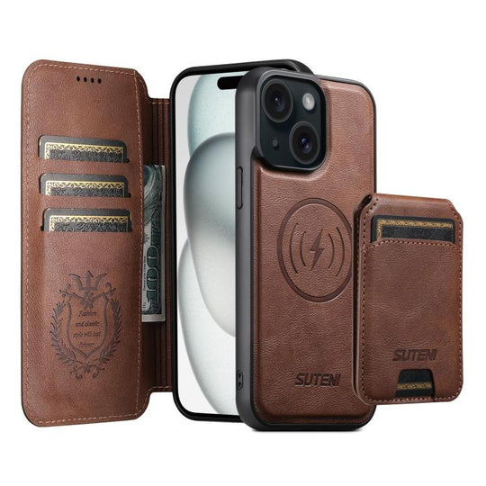 For iPhone 15 Suteni Q05S2 3-in-1 Detachable Vertical Flip Wallet MagSafe Leather Phone Case(Brown)