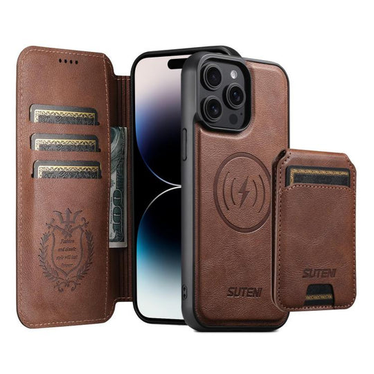 For iPhone 14 Pro Suteni Q05S2 3-in-1 Detachable Vertical Flip Wallet MagSafe Leather Phone Case(Brown)