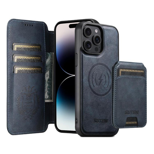 For iPhone 14 Pro Suteni Q05S2 3-in-1 Detachable Vertical Flip Wallet MagSafe Leather Phone Case(Blue)