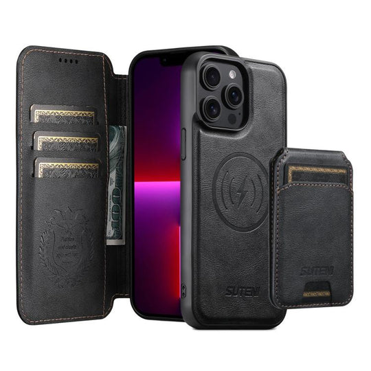 For iPhone 13 Pro Max Suteni Q05S2 3-in-1 Detachable Vertical Flip Wallet MagSafe Leather Phone Case(Black)