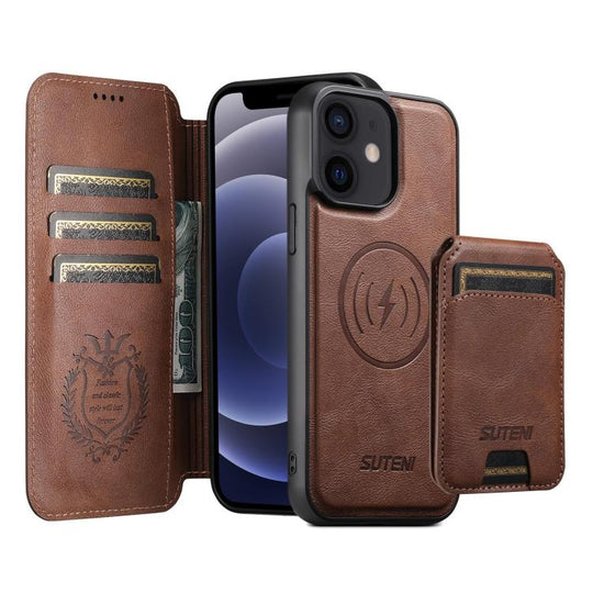 For iPhone 12 Suteni Q05S2 3-in-1 Detachable Vertical Flip Wallet MagSafe Leather Phone Case(Brown)