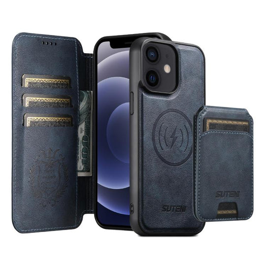 For iPhone 12 Suteni Q05S2 3-in-1 Detachable Vertical Flip Wallet MagSafe Leather Phone Case(Blue)