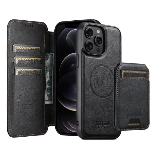 For iPhone 12 Pro Suteni Q05S2 3-in-1 Detachable Vertical Flip Wallet MagSafe Leather Phone Case(Black)
