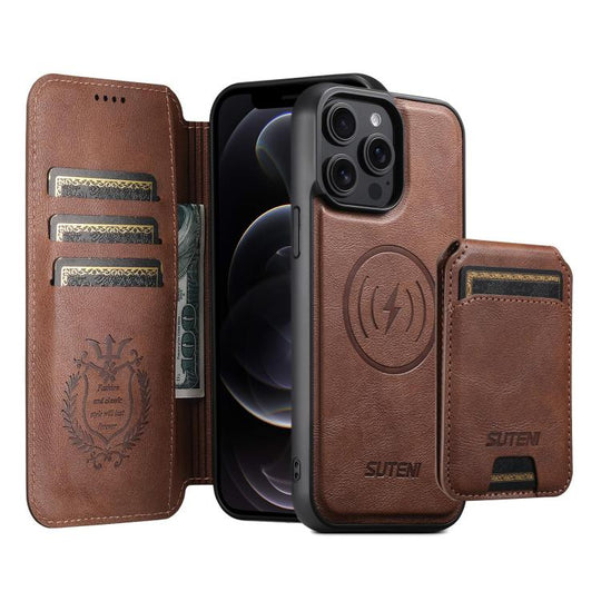 For iPhone 12 Pro Suteni Q05S2 3-in-1 Detachable Vertical Flip Wallet MagSafe Leather Phone Case(Brown)
