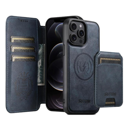 For iPhone 12 Pro Suteni Q05S2 3-in-1 Detachable Vertical Flip Wallet MagSafe Leather Phone Case(Blue)