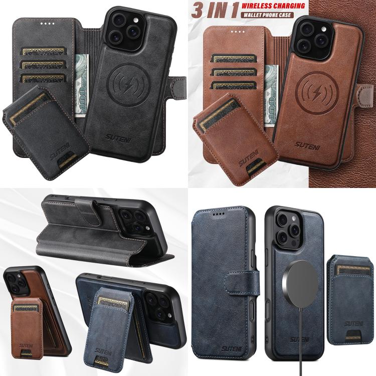 For iPhone 16 Pro Suteni Q05S2 3-in-1 Detachable Vertical Flip Wallet MagSafe Leather Phone Case(Black) - iPhone 16 Pro Cases by Suteni | Online Shopping UK | buy2fix