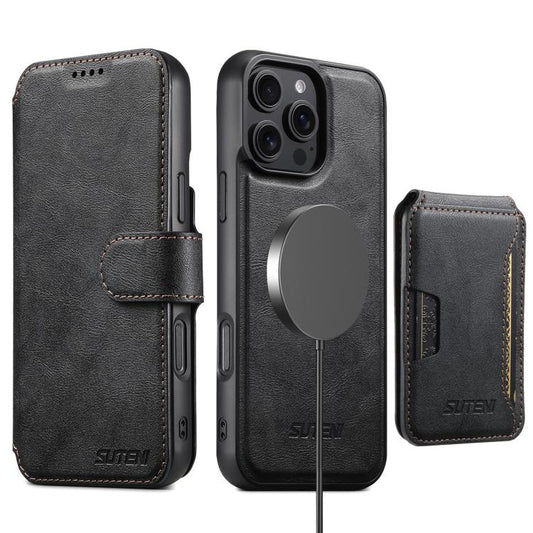 For iPhone 16 Pro Max Suteni Q05S3 3-in-1 Detachable Vertical Flip Wallet MagSafe Leather Phone Case(Black) - iPhone 16 Pro Max Cases by Suteni | Online Shopping UK | buy2fix