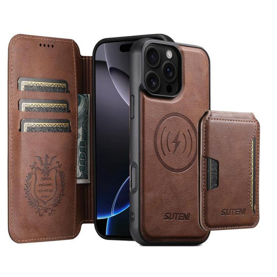 For iPhone 16 Pro Max Suteni Q05S3 3-in-1 Detachable Vertical Flip Wallet MagSafe Leather Phone Case(Brown)