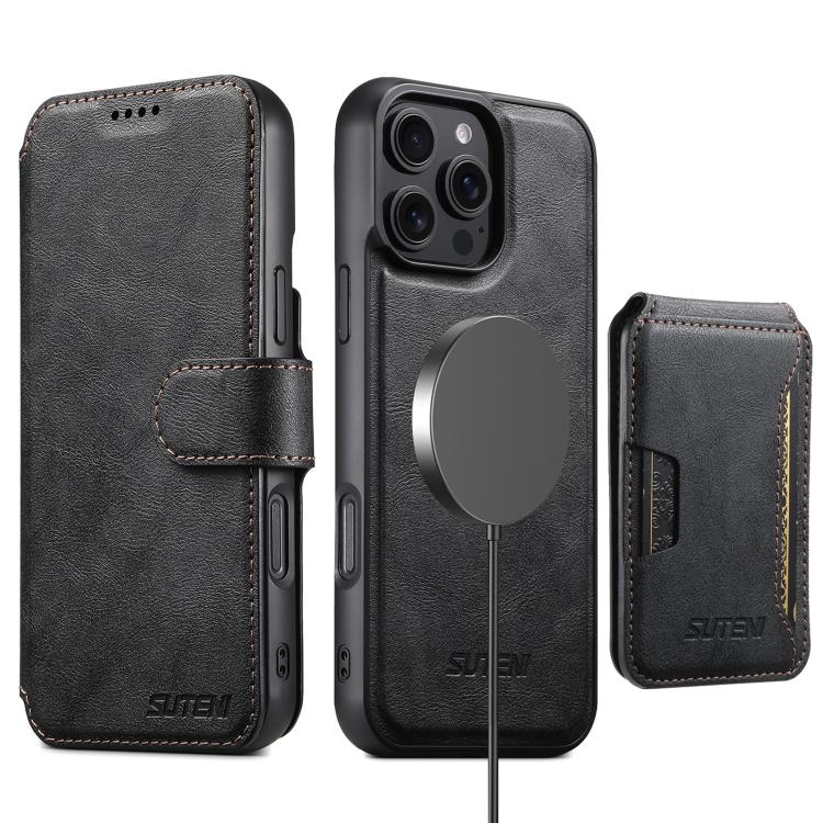 For iPhone 16 Pro Suteni Q05S3 3-in-1 Detachable Vertical Flip Wallet MagSafe Leather Phone Case(Black) - iPhone 16 Pro Cases by Suteni | Online Shopping UK | buy2fix