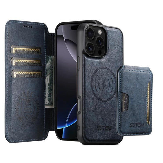 For iPhone 16 Pro Suteni Q05S3 3-in-1 Detachable Vertical Flip Wallet MagSafe Leather Phone Case(Blue)