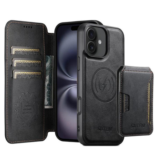 For iPhone 16 Plus Suteni Q05S3 3-in-1 Detachable Vertical Flip Wallet MagSafe Leather Phone Case(Black) - iPhone 16 Plus Cases by Suteni | Online Shopping UK | buy2fix