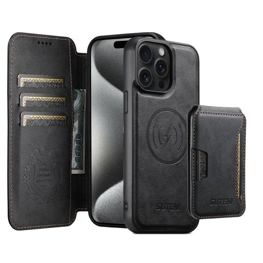 For iPhone 15 Pro Max Suteni Q05S3 3-in-1 Detachable Vertical Flip Wallet MagSafe Leather Phone Case(Black)
