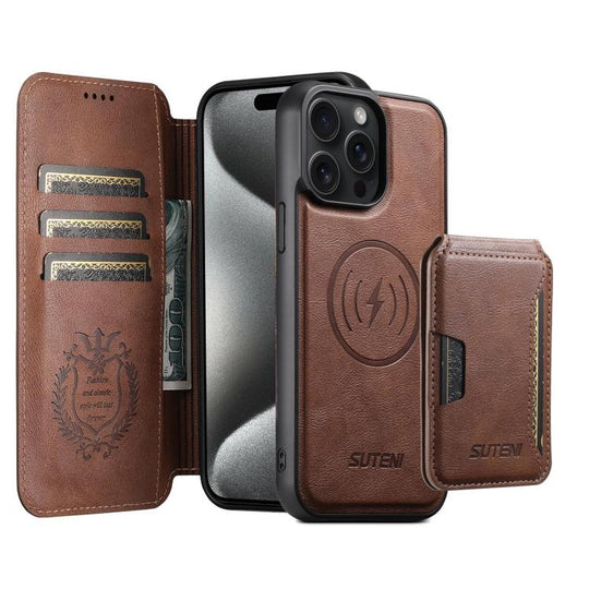 For iPhone 15 Pro Suteni Q05S3 3-in-1 Detachable Vertical Flip Wallet MagSafe Leather Phone Case(Brown)