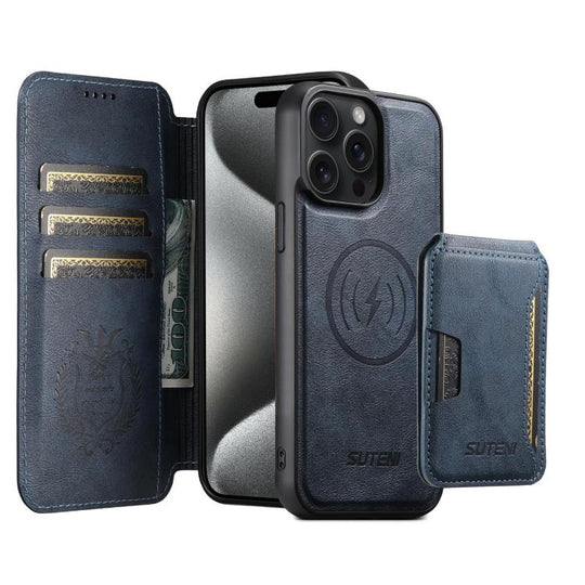 For iPhone 15 Pro Suteni Q05S3 3-in-1 Detachable Vertical Flip Wallet MagSafe Leather Phone Case(Blue)