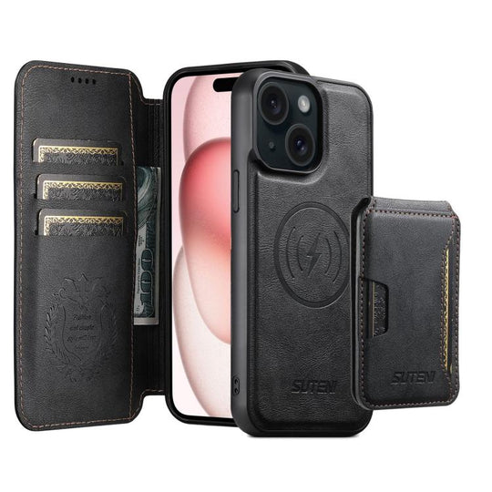 For iPhone 15 Suteni Q05S3 3-in-1 Detachable Vertical Flip Wallet MagSafe Leather Phone Case(Black)
