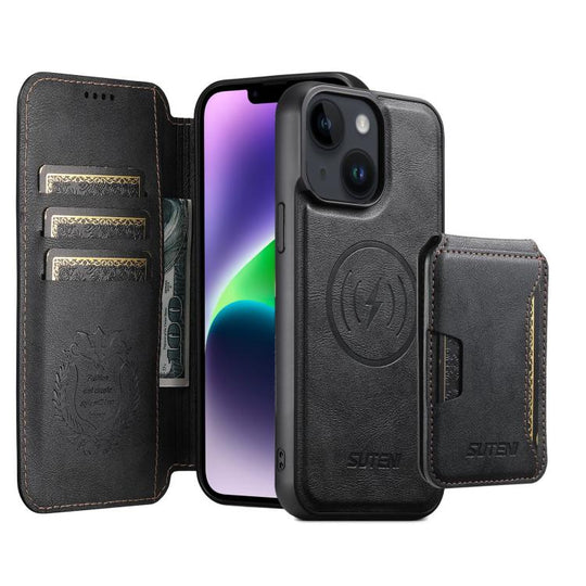 For iPhone 14 Plus Suteni Q05S3 3-in-1 Detachable Vertical Flip Wallet MagSafe Leather Phone Case(Black)