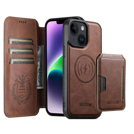 For iPhone 14 Suteni Q05S3 3-in-1 Detachable Vertical Flip Wallet MagSafe Leather Phone Case(Brown)