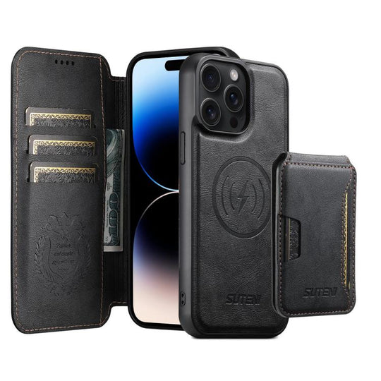 For iPhone 14 Pro Suteni Q05S3 3-in-1 Detachable Vertical Flip Wallet MagSafe Leather Phone Case(Black)