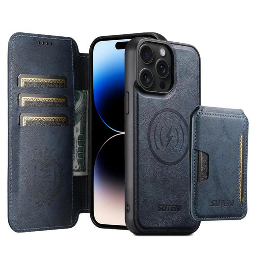For iPhone 14 Pro Suteni Q05S3 3-in-1 Detachable Vertical Flip Wallet MagSafe Leather Phone Case(Blue)