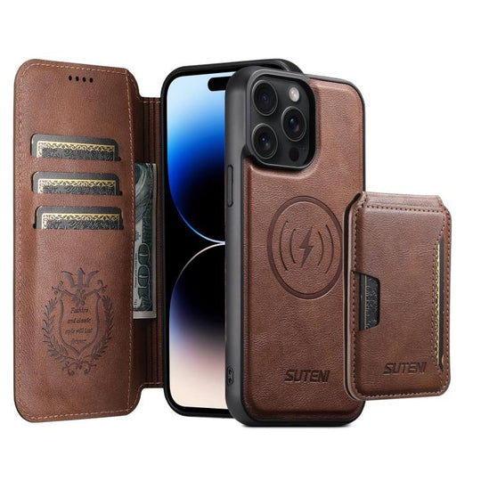 For iPhone 14 Pro Max Suteni Q05S3 3-in-1 Detachable Vertical Flip Wallet MagSafe Leather Phone Case(Brown)
