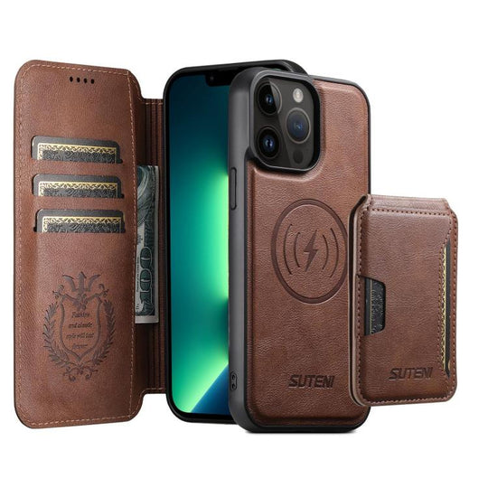 For iPhone 13 Pro Max Suteni Q05S3 3-in-1 Detachable Vertical Flip Wallet MagSafe Leather Phone Case(Brown)