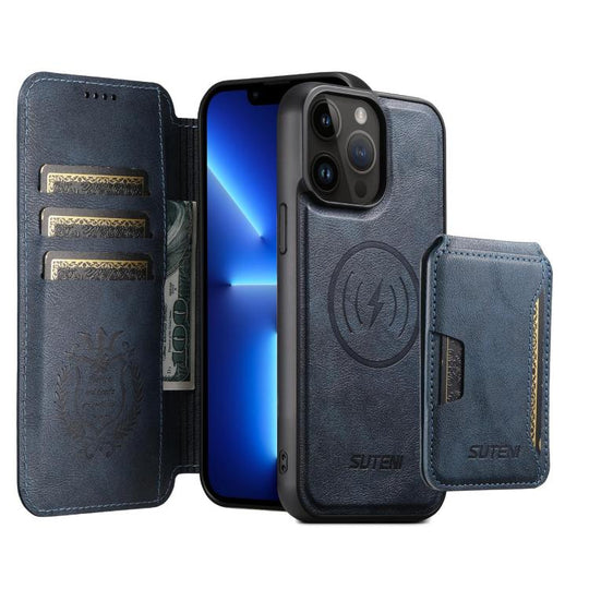 For iPhone 13 Pro Suteni Q05S3 3-in-1 Detachable Vertical Flip Wallet MagSafe Leather Phone Case(Blue)