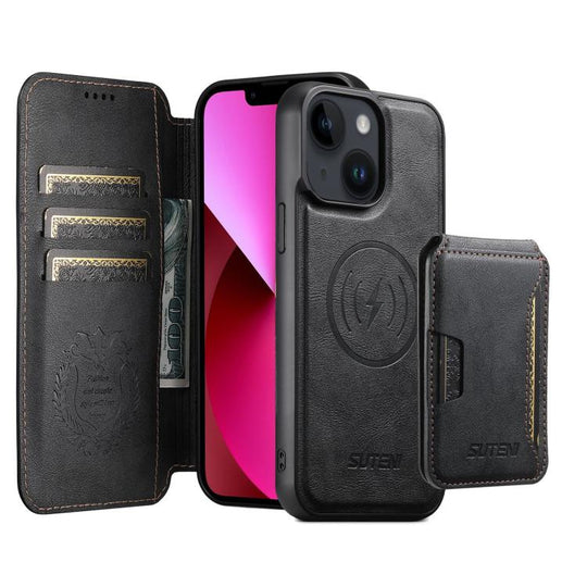 For iPhone 13 Suteni Q05S3 3-in-1 Detachable Vertical Flip Wallet MagSafe Leather Phone Case(Black)