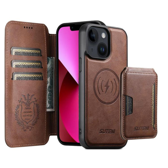 For iPhone 13 Suteni Q05S3 3-in-1 Detachable Vertical Flip Wallet MagSafe Leather Phone Case(Brown)